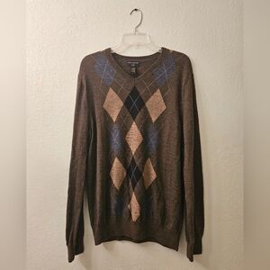 Banana Republic Men's V-Neck Argyle Sweater - Gray, Brown and Blue